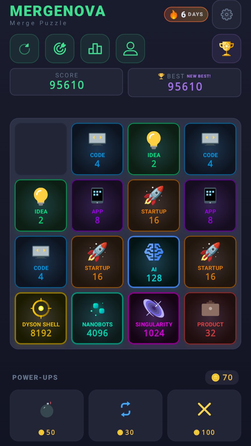 Mergenova: Merge Puzzle gameplay screenshot showing the merge grid with tiles like Code, Idea, App, Startup, AI, Singularity and Dyson Shell